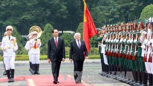 President Tran Dai Quang receives Irish President Michael D. Higgins. (Credit: VNA)