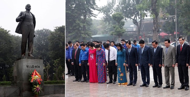 Hanoi leaders pay tribute to Lenin at his statue on the morning of November 7.