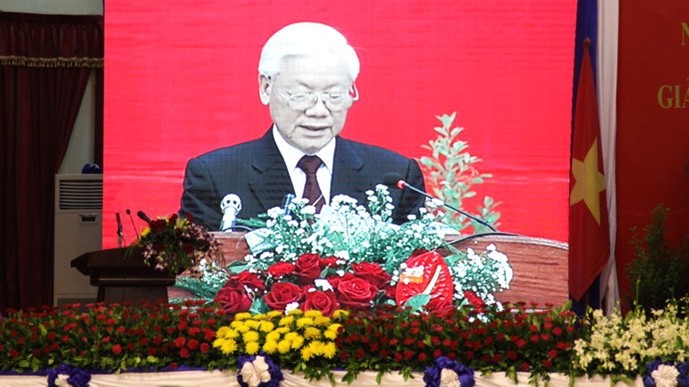 Party General Secretary Nguyen Phu Trong speaking at the Lao National University (Credit: VOV)