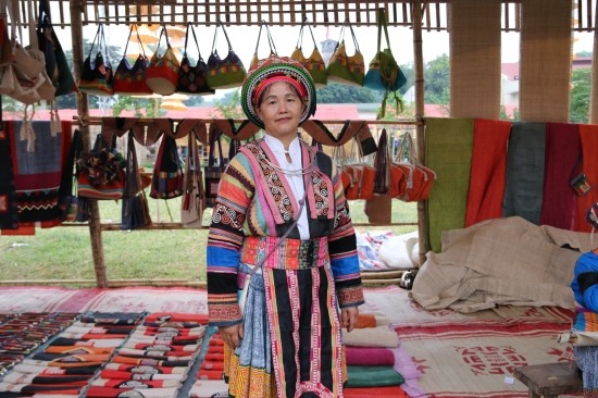 Artisan Vang Thi Mai standing in front of a booth showcasing products of Hop Tien Brocade Weaving Cooperative at the 2016 Hanoi Ao Dai festival (Photo: bienphong.com.vn)