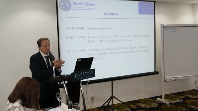 Ambassador - Head of the EU Delegation in Vietnam, Bruno Angelet, speaks at the launching of the World Cities Vietnam project in Hanoi on June 12. (Credit: NDO/Trung Hung)