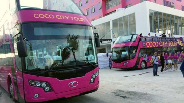 The open-top buses operating at the CocoBay resort in Da Nang.