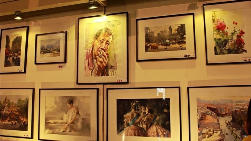 Some watercolour paintings on display at the exhibition.