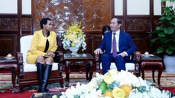 President Tran Dai Quang (R) received outgoing South African Ambassador Kgomotso Ruth Magau in Hanoi on December 7. (Credit: VOV)