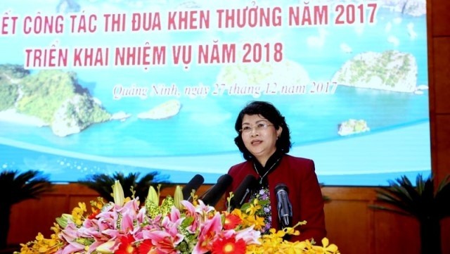 Vice President Dang Thi Ngoc Thinh delivers her speech at the conference. (Credit: baoquangninh.com.vn)