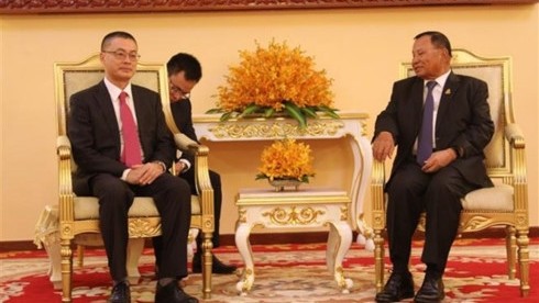 President of the Senate of Cambodia Samdech Say Chhum (R) receives Vietnamese Ambassador to Cambodia Vu Quang Minh