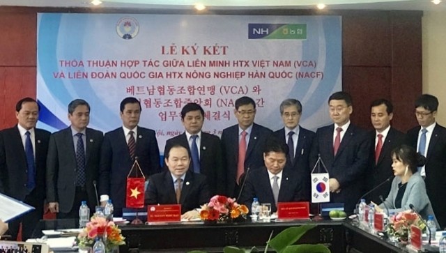 The Vietnam Cooperative Alliance and the ROK’s National Federation of Agricultural Cooperatives reach a deal on promoting cooperative development in the two countries, Hanoi, March 22, 2018. (Photo: NDO)