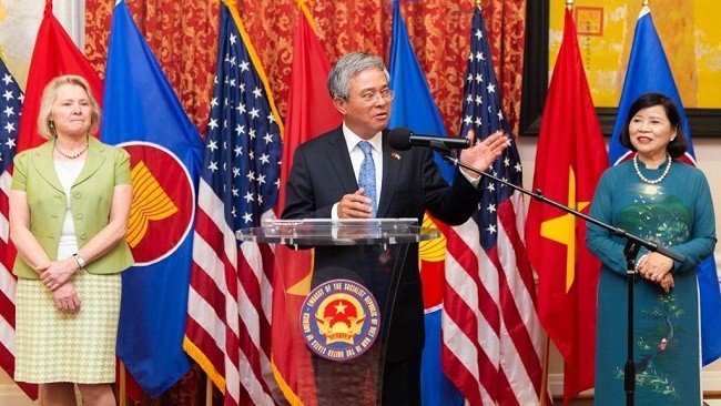 Vietnamese Ambassador to the US, Pham Quang Vinh, speaks at the farewell reception on May 21.