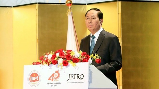 President Tran Dai Quang speaks at the Vietnam Investment Promotion Conference in Tokyo on May 31 (Photo: VNA)