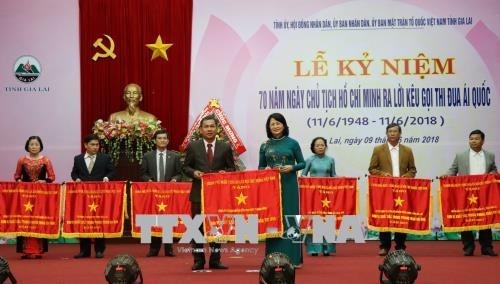 VP Thinh presents the Government's emulation flags to nine collectives and individuals in Gia Lai. (Photo: VNA)