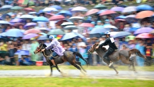 Jockeys galloping during the race despite the rain.