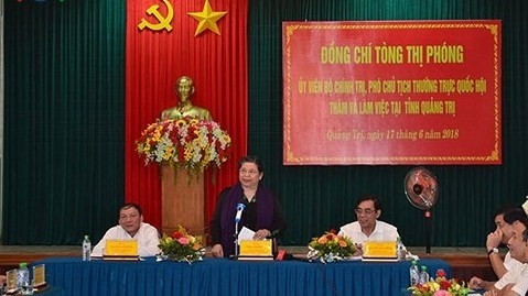 Politburo member and National Assembly Standing vice Chairwoman Tong Thi Phong speaks at the session. (Photo: VOV)