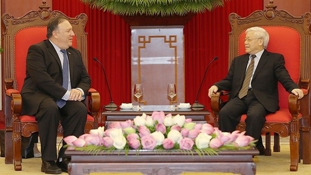 Party General Secretary Nguyen Phu Trong receives US Secretary of State Mike Pompeo in Hanoi on July 8. (Photo: VNA)