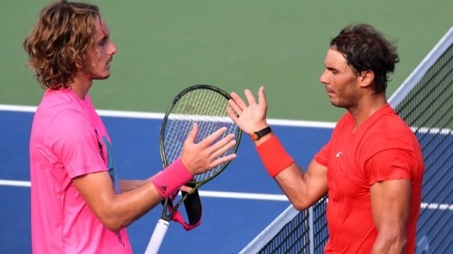 Rafael Nadal of Spain (right) shakes hands after defeating Stefanos Tsitsipas of Greece in the Rogers Cup tennis tournament at Aviva Centre, Toronto, Ontario, Canada, Aug 12, 2018. (Photo: USA TODAY Sports via Reuters)