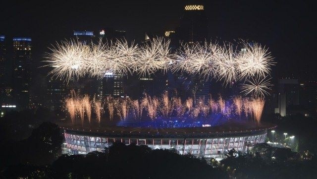 Fireworks at the Gelora Bung Karno Stadium, Jakarta, Indonesia during the closing ceremony of the 2018 Asian Games.