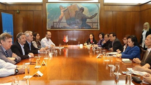 The Vietnamese delegation (R) meet with Argentina's health experts. (Photo: VNA)