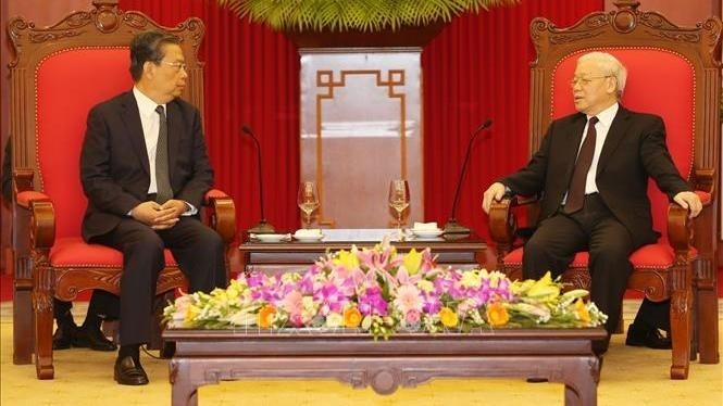 General Secretary Nguyen Phu Trong receives Secretary of the Communist Party of China’s Commission for Discipline Inspection Zhao Leji. (Photo: VNA) 