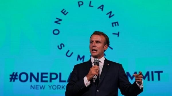 French President Emmanuel Macron speaks at the One Planet Summit in New York. (Credit: Reuters)
