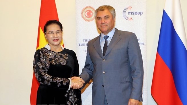 National Assembly Chairwoman Nguyen Thi Kim Ngan and Chairman of the State Duma of Russia Vyacheslav Volodin. (Photo: VNA)