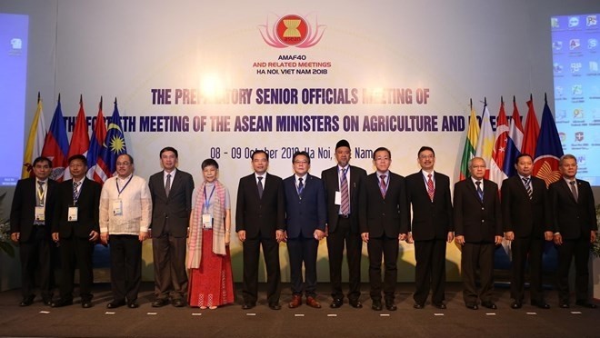 Officials pose for a photo at the opening ceremony of the Senior Officials’ Meeting of the ASEAN Ministers on Agriculture and Forestry in Hanoi on October 8 (Photo: VNA)