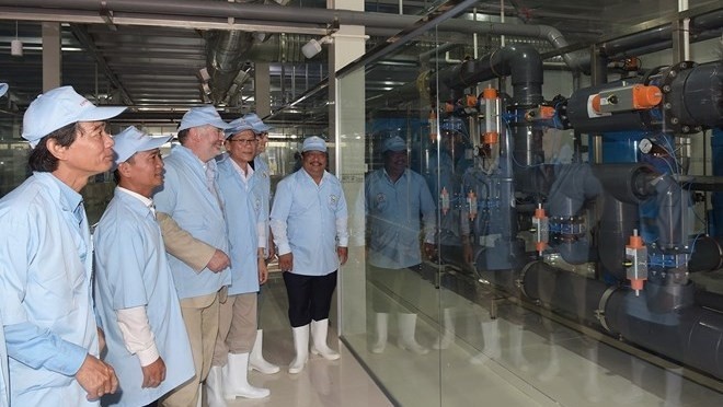 Delegates tour the high-tech water treatment plant at the juvenile shrimp production area of the Viet Uc-Bac Lieu Company. (Photo: VNA)