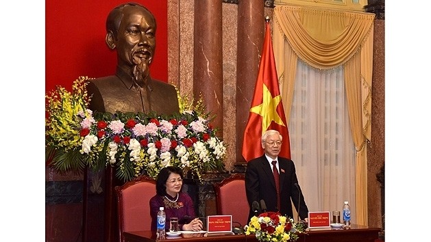 Party General Secretary and State President Nguyen Phu Trong speaks at the meeting with staff at the State President's Office in Hanoi on October 23. (Photo: NDO/Duy Linh)