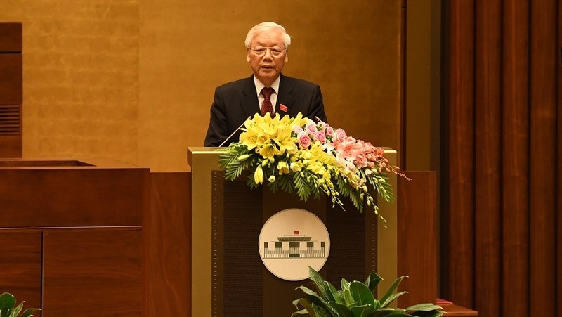 General Secretary Nguyen Phu Trong delivers a speech after being elected President. (Photo: Duy Linh)
