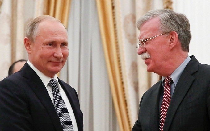 US national security advisor John Bolton (right) meets Russian President Vladimir Putin in the Kremlin on Tuesday. (Reuters)