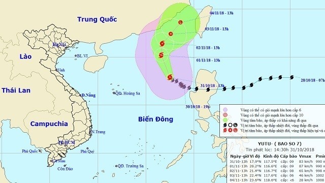 The projected location and movement of Storm Yutu. (Photo: nchmf.gov.vn)