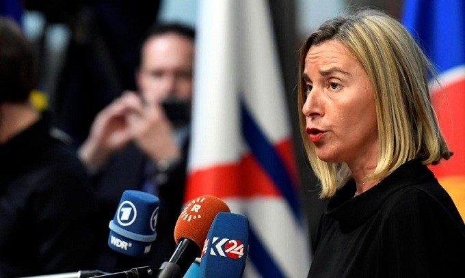 EU High Representative for Foreign Affairs and Security Policy Federica Mogherini speaks to the media at the ASEM leaders summit in Brussels, Belgium October 18, 2018. (Reuters)
