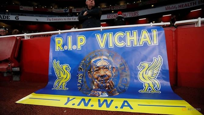 General view of a banner displayed in the stadium depicting Leicester CIty's late Chairman Vichai Srivaddhanaprabha. (Reuters)