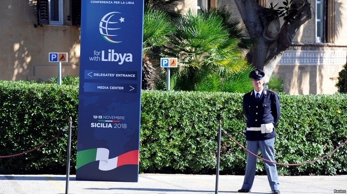 A policeman stands guard inside Villa Igiea, the venue of the international conference on Libya in Palermo, Italy, Nov. 12, 2018. (Reuters)