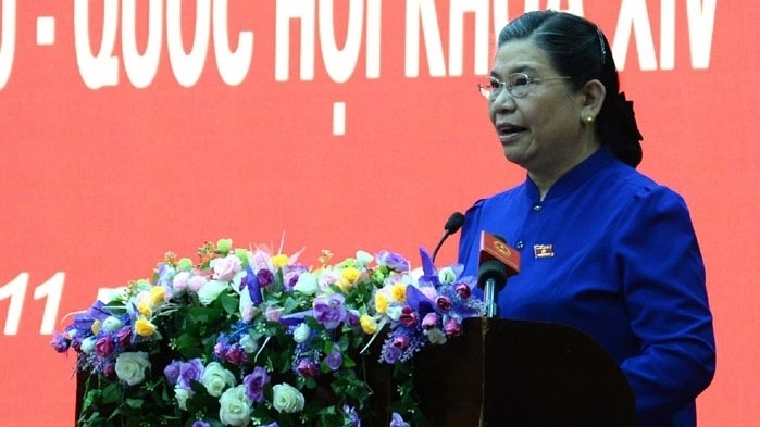 NA Vice Chairwoman Tong Thi Phong at the meeting with voters in Son La province (Photo: VOV)