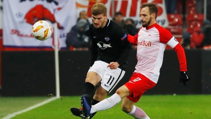 RB Leipzig's Timo Werner in action with RB Salzburg's Andreas Ulmer. (Reuters)