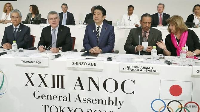 IOC President Bach, Japan's PM Abe and ANOC President Al-Sabah attend the XXIII ANOC General Assembly in Tokyo. (Reuters)
