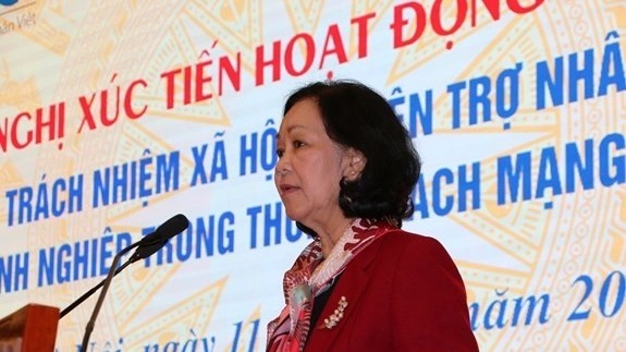 Truong Thi Mai – Politburo member, Secretary of the Party Secretariat, and head of the Party Central Committee’s Mass Mobilisation Commission – addresses the conference in Hanoi on December 11 (Photo: qdnd.vn)