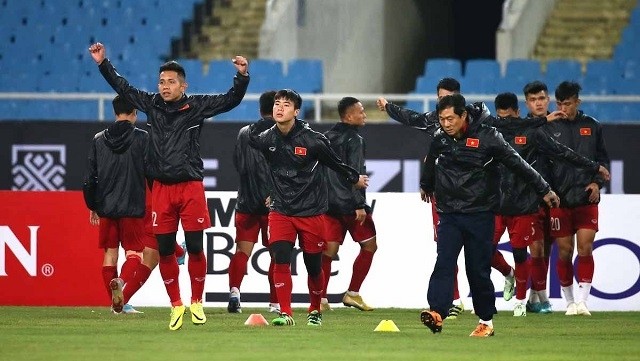 Vietnamese players during their last training session at My Dinh Stadium in Hanoi on December 14, preparing for the AFF Cup 2018 final second leg with Malaysia late Saturday evening. (Photo: AFF Suzuki Cup)