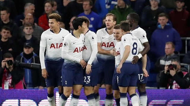 Tottenham's Harry Kane celebrates scoring their first goal with team mates during their Premier League clash against Cardiff City at Cardiff City Stadium, Cardiff, Britain, January 1, 2019. (Photo: Action Images via Reuters)