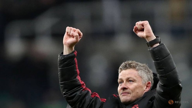 Manchester United interim manager Ole Gunnar Solskjaer celebrates at the end of the match. (Reuters)