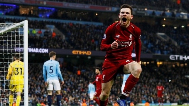 Liverpool's Andrew Robertson celebrates their first goal scored by Roberto Firmino (not pictured) against Manchester City during their Premier League clash at Etihad Stadium, Manchester, Britain, January 3, 2019. (Photo: Action Images via Reuters)