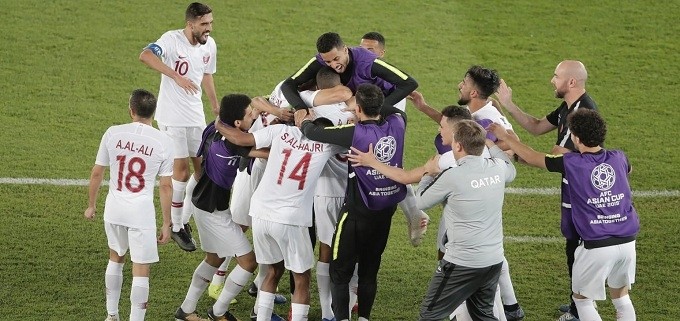 Qatar celebrate their win over the RoK in the 2019 Asian Cup quarterfinals. (Photo: AFC)