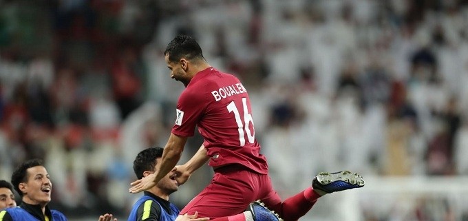 Boualem Khoukhi celebrates scoring Qatar’s first goal. (Photo: AFC)
