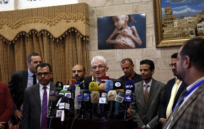 UN Under-Secretary-General for Humanitarian Affairs and Emergency Relief coordinator Mark Lowcock speakes during a press conference held on his arrival to Sana’a on 29 November, 2018. UN urges Houthis to stop blocking access to Yemen's Red Sea Mills. (Source: Getty Image)