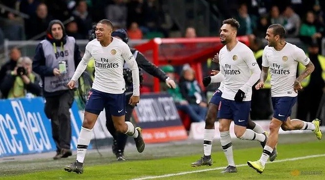 Paris St Germain's Kylian Mbappe celebrates scoring their first goal. (Reuters)