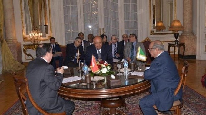 The foreign ministers of Egypt, Algeria and Tunisia meet in Cairo to discuss Libya. (Egypt Foreign Ministry spokesperson)