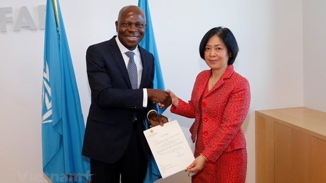 Ambassador Nguyen Thi Bich Hue (R), Vietnamese Permanent Representative to the International Fund for Agricultural Development (IFAD) presents her credentials to IFAD President Gilbert Fossoun Houngbo. (Photo: VNA)
