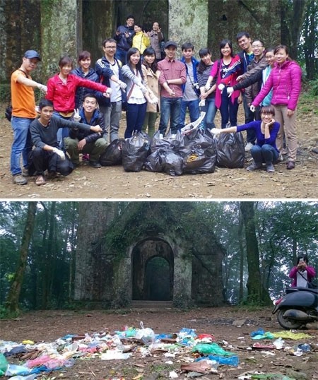 A group of young people clean up rubbish at the Old Church in Ba Vi National Park, in Hanoi’s Ba Vi District. (Photo courtesy of Cao Manh Tuan)