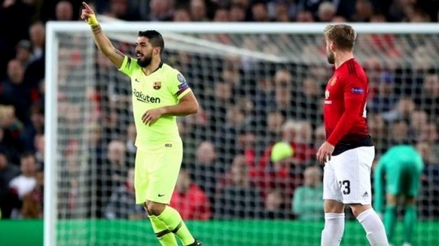 Luis Suarez celebrates scoring his sides first goal during the UEFA Champions League Quarter Final first leg match between Manchester United and FC Barcelona at Old Trafford in Manchester, England, on April 10, 2019. (Photo: PA)