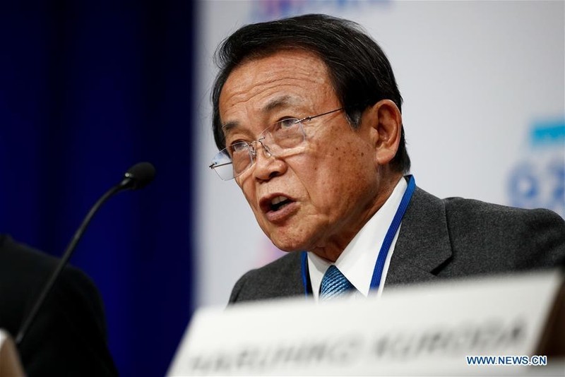 Japanese Finance Minister Taro Aso speaks during a news conference following meetings of G20 finance ministers and central bank governors in Washington D.C., the United States, on April 12, 2019. (Photo: Xinhua)