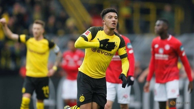 Borussia Dortmund's Jadon Sancho celebrates scoring their second goal. (Reuters)
